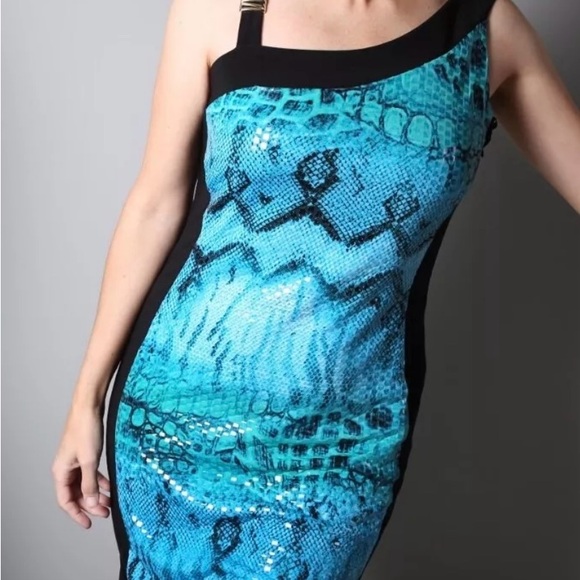 Frank Lyman Tourqoise Snake Print Sequins Gold Detail BodyCon Fitted Dress Sz 10 - Picture 3 of 13